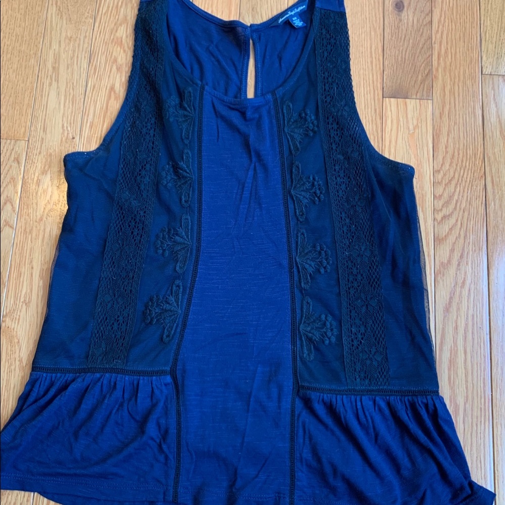 Navy cotton and lace tank